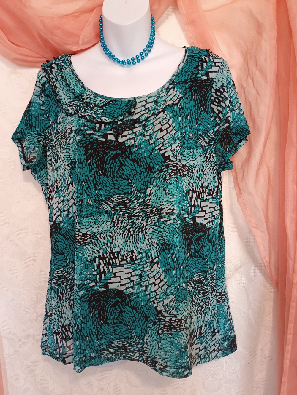 212 Collection Ladies Teal and Black Patterned Short-Sleeve Blouse Sz XL